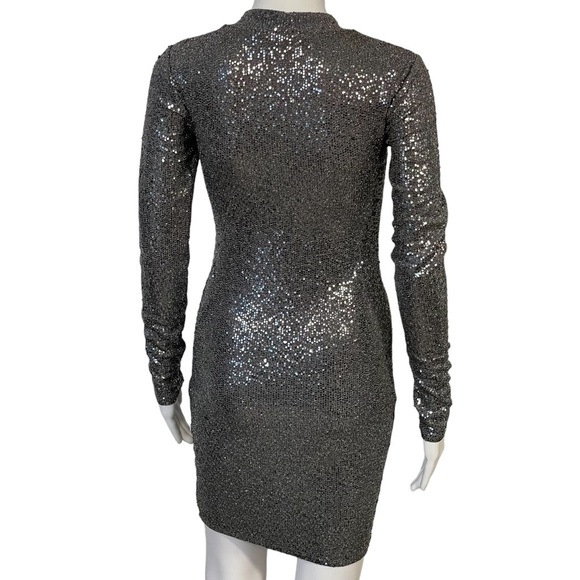 Guess Silver Gray Sequin Long Sleeve Body-con Stretch Cocktail Dress Sz S - Picture 6 of 10